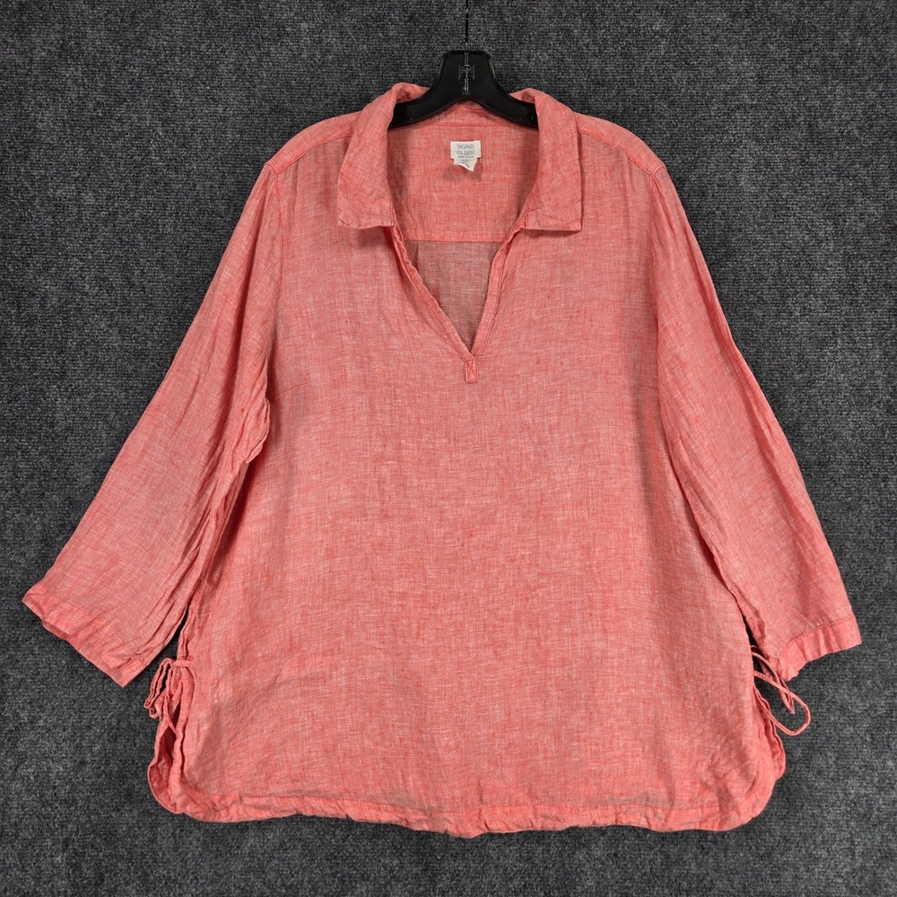 Sigrid Olsen 100% Linen Split Neck Side Tie Tunic Top Womens XL Coral Pink